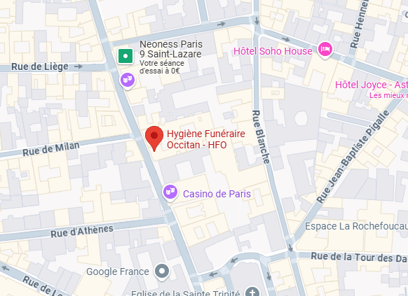 Carte de Paris 9e avec Hygiène Funéraire Occitan (pin rouge), Neoness, Casino de Paris, Hôtels Soho House & Joyce, rues Milan, Liège, Blanche.
